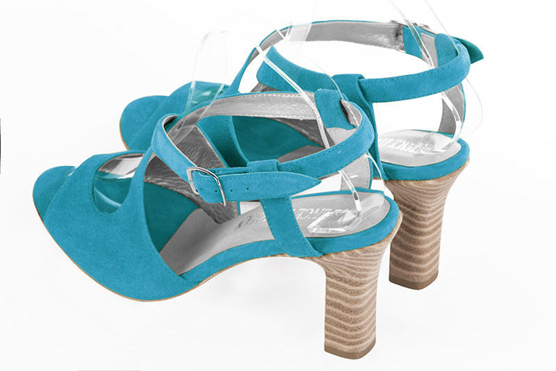 Turquoise blue women's open back sandals, with crossed straps. Round toe. High kitten heels. Rear view - Florence KOOIJMAN